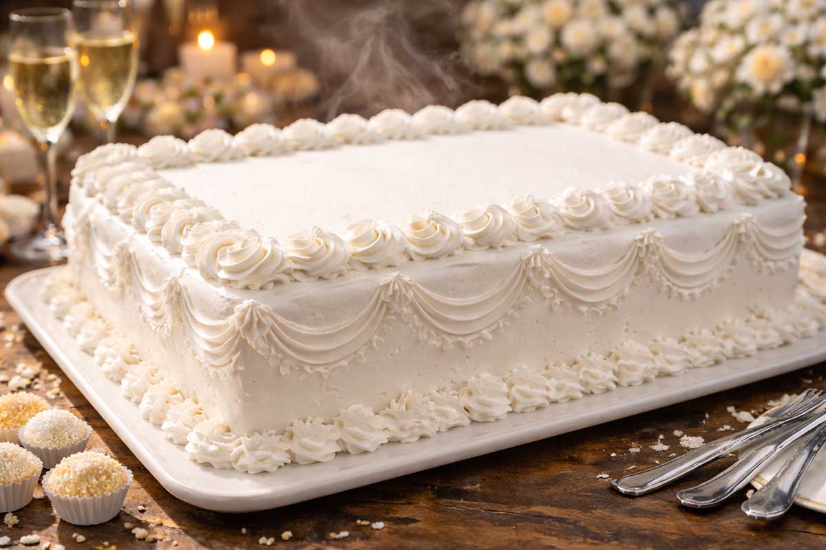 Vista lateral de um grande bolo de aniversário retangular para 100 pessoas, decorado com glacê branco clássico, bicos de confeitar em arabescos nas laterais e pequenas flores de açúcar no topo. Ao lado, brigadeiros brancos e taças de espumante em um ambiente festivo iluminado por velas.