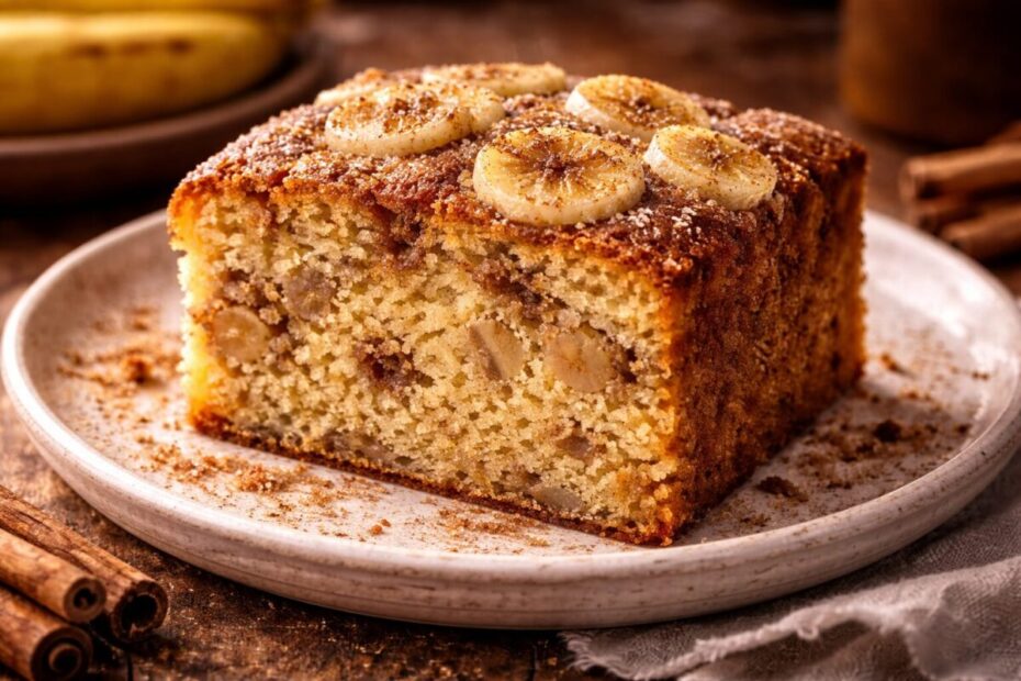 Close-up de uma fatia de bolo de banana fofinho com canela, destacando a textura úmida e pedaços de fruta integrados à massa dourada.