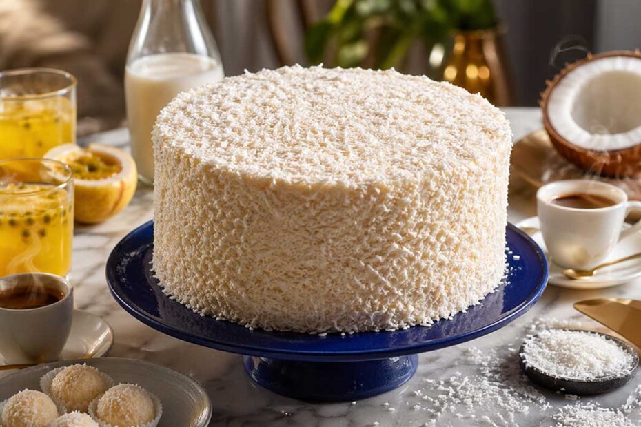 Bolo Pega Marido inteiro redondo com diametro de 20 cm e altura de 10 cm apresentado no estilo Tall Cake. O bolo esta centralizado em uma bailarina de confeitaria azul cobalto que contrasta com a cobertura branca de beijinho. Sobre a mesa moderna de marmore ha xicaras de cafe expresso fumaçando copos de suco de maracuja amarelo vibrante e pequenos bombons de coco. Ha tambem coco ralado espalhado artisticamente e um vidro de leite de coco ao fundo. O acabamento com coco por cima cria uma textura granulada convidativa para o Discover. Rendimento de 20 fatias generosas.