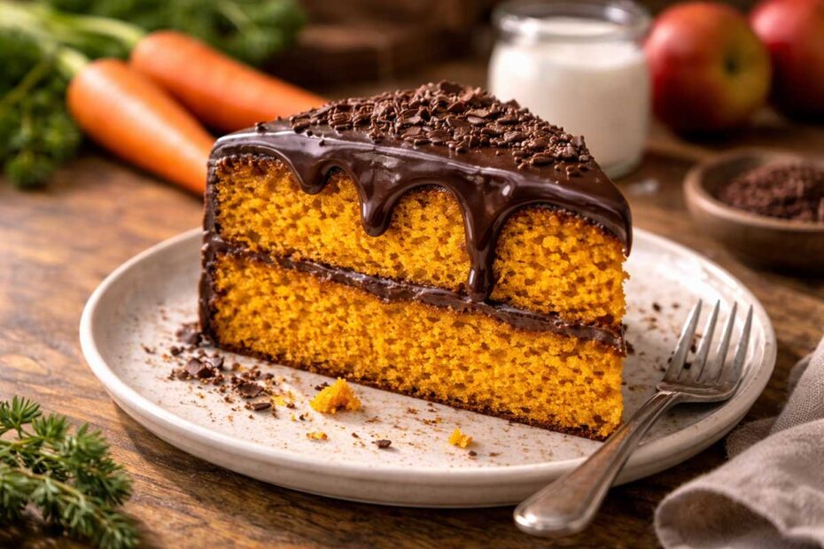 Uma fatia generosa de bolo de cenoura fofinho com cobertura acetinada de chocolate, posicionada sobre uma mesa de madeira rústica. Ao fundo, em desfoque suave, estão cenouras frescas e uma maçã, sugerindo uma receita de densidade calórica reduzida e saudável.