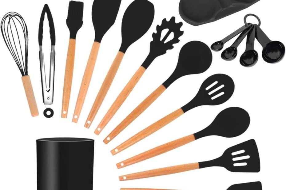 Kit 12 Utensílios De Cozinha Em Silicone E Cabo De Madeira