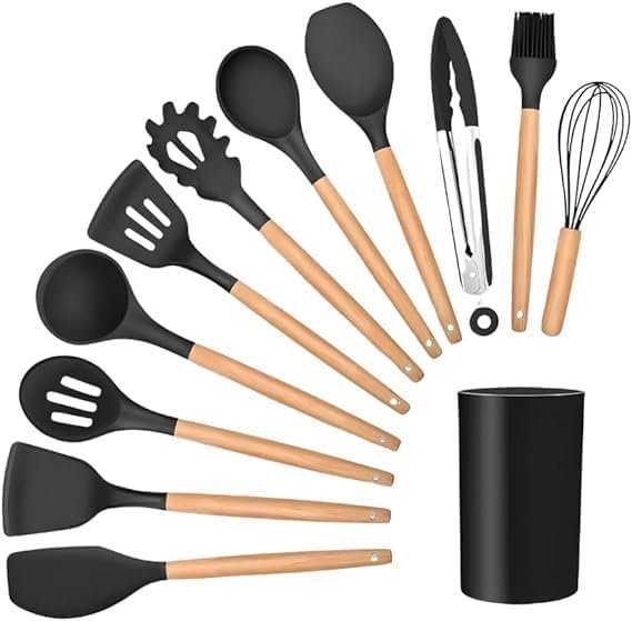 Kit 12 Utensílios De Cozinha Em Silicone E Cabo De Madeira