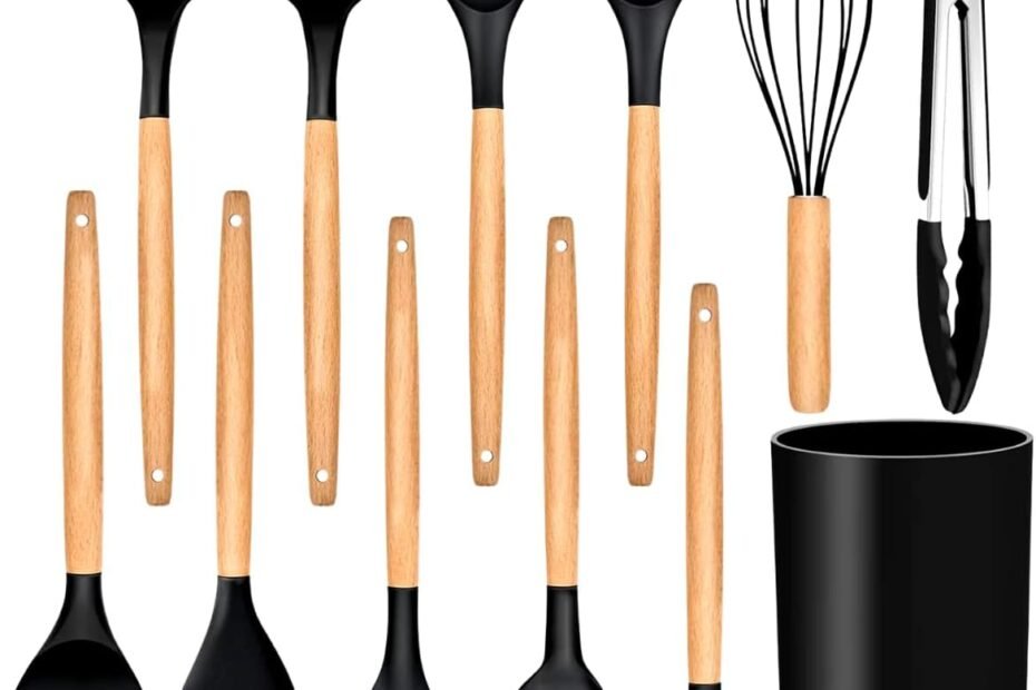 Kit 12 Utensílios De Cozinha Em Silicone E Cabo De Madeira