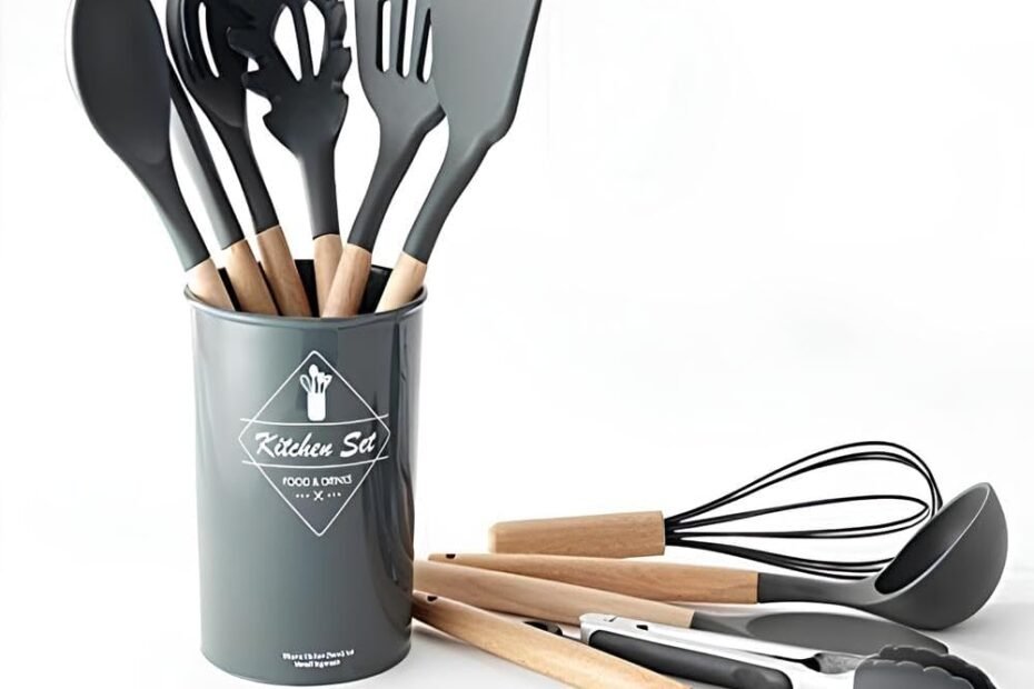 Kit de Utensílios de Cozinha de Silicone, 12 Peças, Cabos de