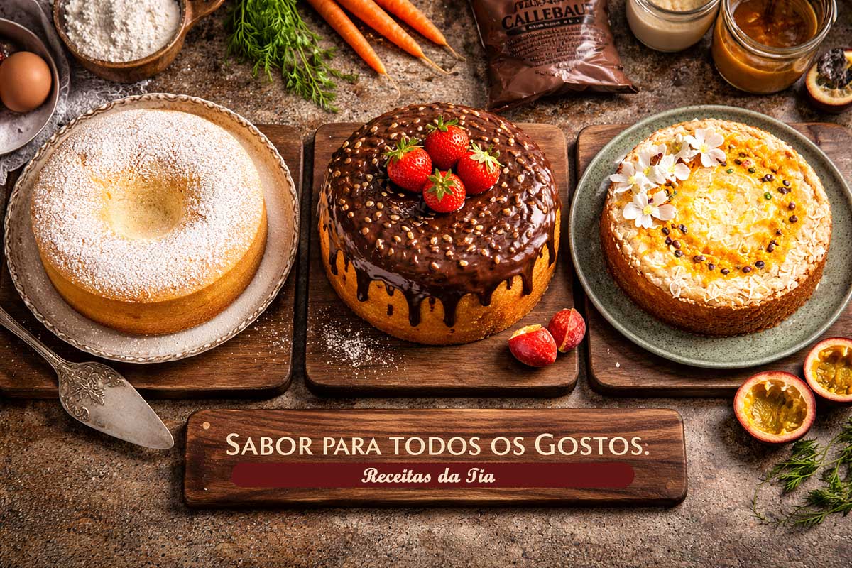 Três bolos em suportes de madeira sobre bancada rústica: Pão de Ló polvilhado com açúcar, Bolo de Cenoura com cobertura de chocolate e morangos, e Bolo Vegano de coco e maracujá, cercados por ingredientes como cenouras e chocolate Callebaut.