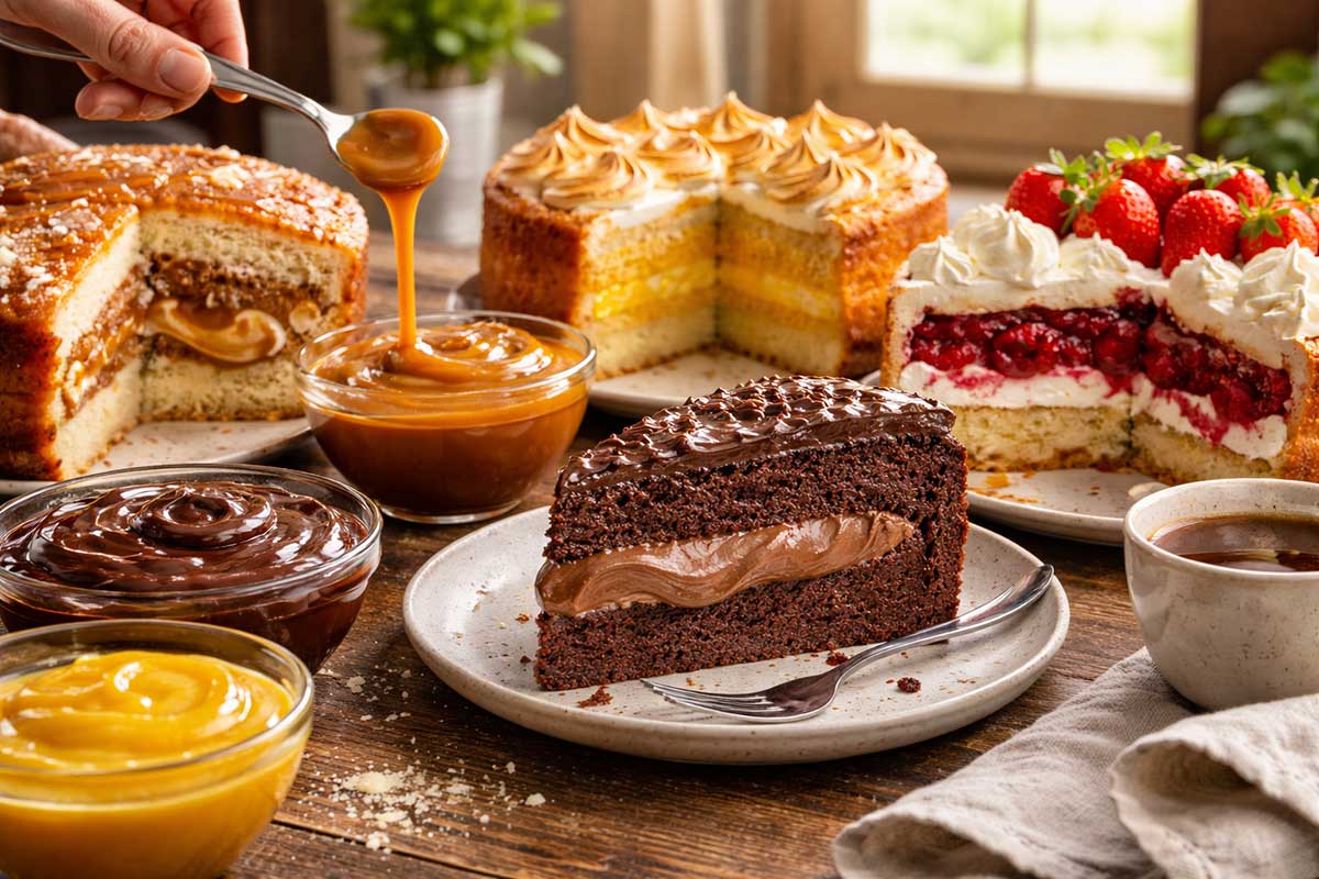 Mão de confeiteira espalhando recheio de chocolate cremoso e brilhante com espátula técnica sobre massa acetinada de bolo de chocolate.