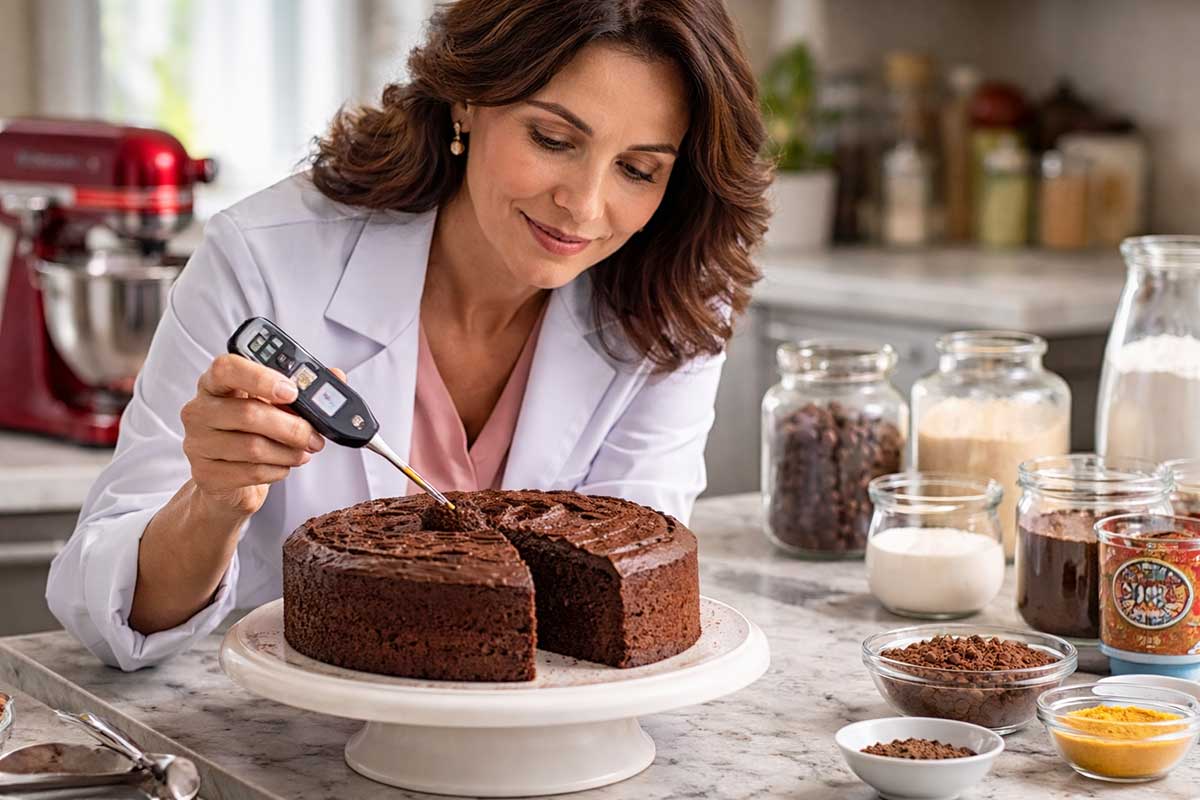 Confeiteira especialista em jaleco branco utilizando termômetro digital Taylor para medir a temperatura interna de um bolo de chocolate fofinho com massa acetinada em ambiente de confeitaria técnica.