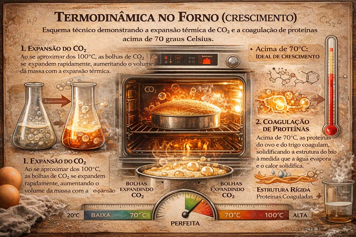 Termodinâmica no Forno (Crescimento):Esquema técnico demonstrando a expansão térmica de CO2 e a coagulação de proteínas acima de 70 graus Celsius.