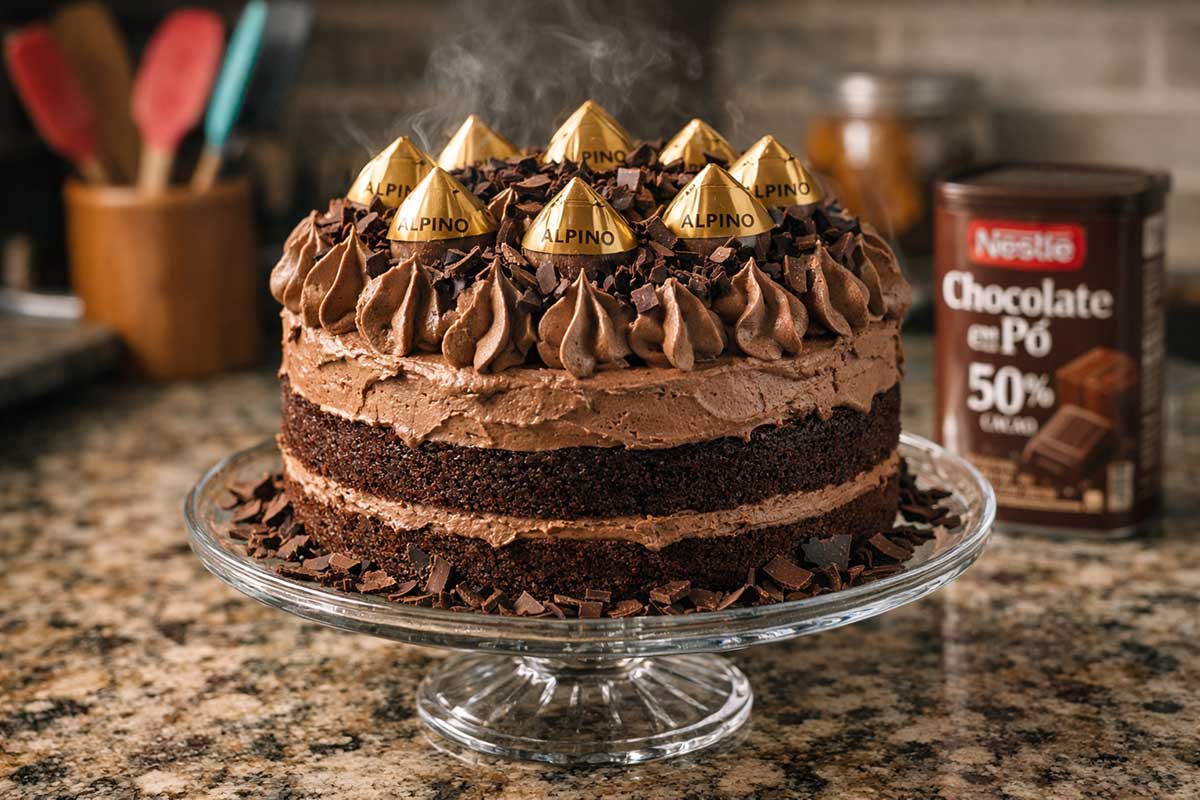 Bolo Alpino de aniversário inteiro sobre suporte de cristal, cobertura alta de chantilly de chocolate com picos firmes, coroado com bombons Alpino originais e raspas de chocolate meio amargo. Ao fundo, cozinha moderna com bancada de granito, espátulas de silicone e uma embalagem de Chocolate em Pó Nestlé 50%.