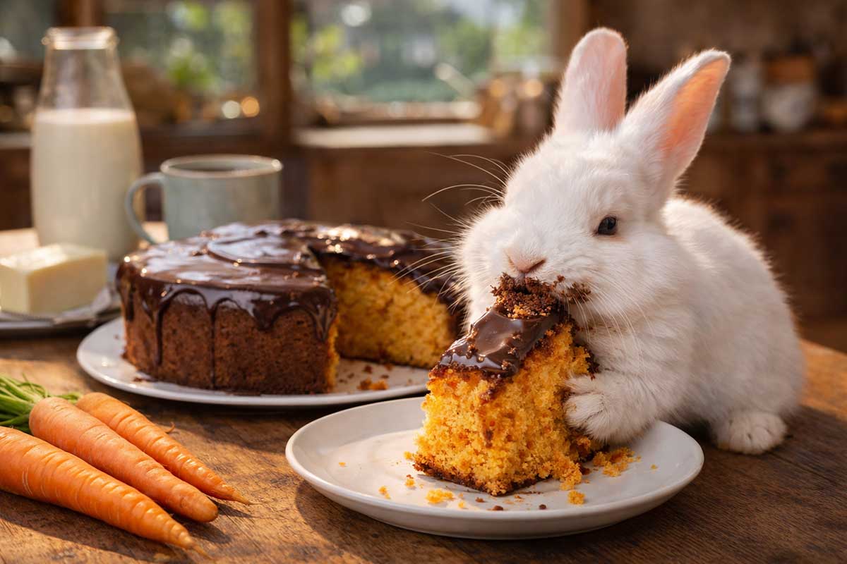 Coelho saboreando um bolo de cenoura em cima de uma mesa na cozinha
