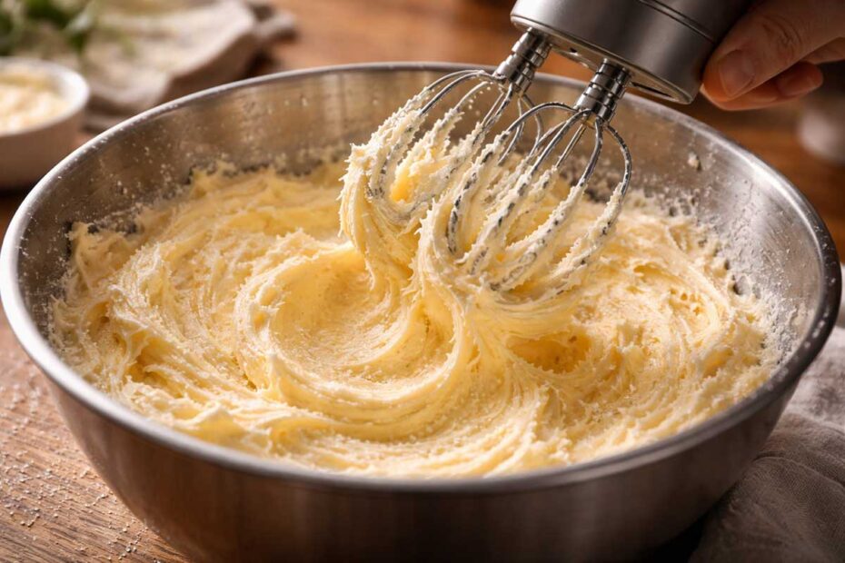 Fotografia macro da massa acetinada, de aeração mecânica: cristais de açúcar União "rasgando" a manteiga President em ponto de pomada, criando uma emulsão estável e sedosa.