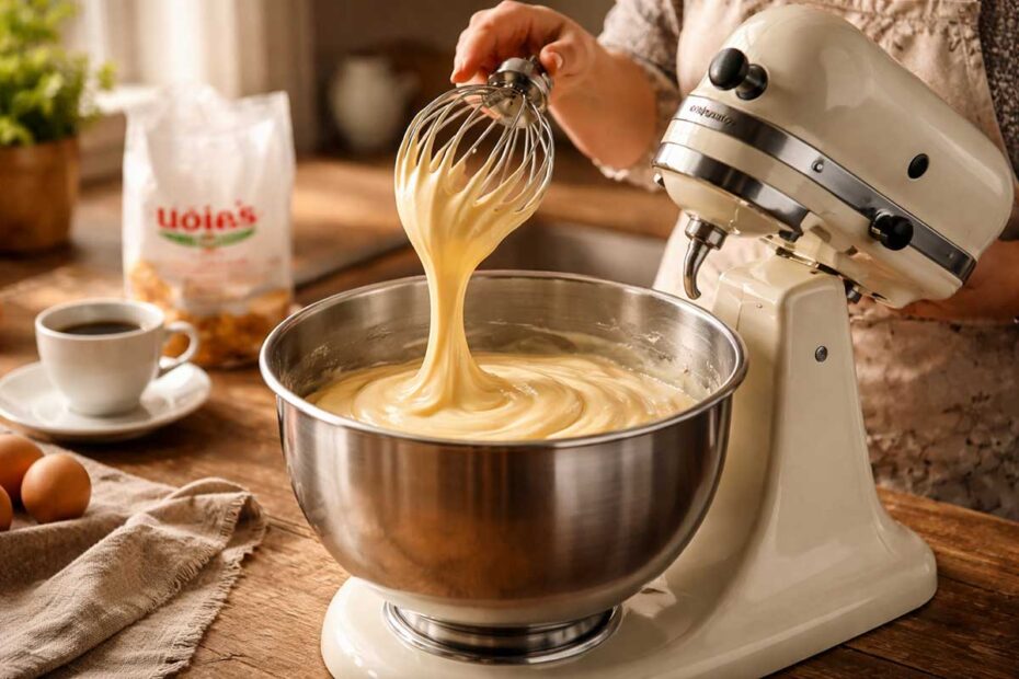 Massa de bolo clara e densa em ponto de fita escorrendo do batedor de uma batedeira KitchenAid em uma cozinha iluminada.