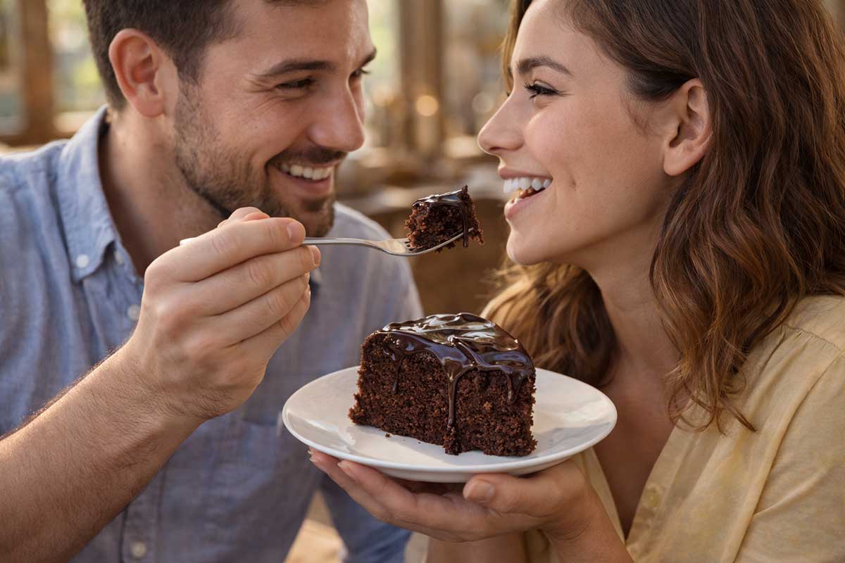 casal dividindo uma fatia única de bolo de chocolate enquanto um segura o prato, o outro leva um garfo com pedaço de bolo de chocolate em direção a boca do outro