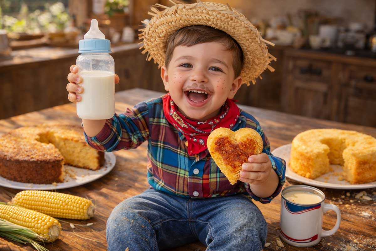 criança(menino) feliz e sorridente, vestida de caipira, segurando numa mão a mamadeira e na outra mão um pedaço de bolo de fubá, ele está sentado em cima de uma mesa, com bolos, café, leite condensado, milhos