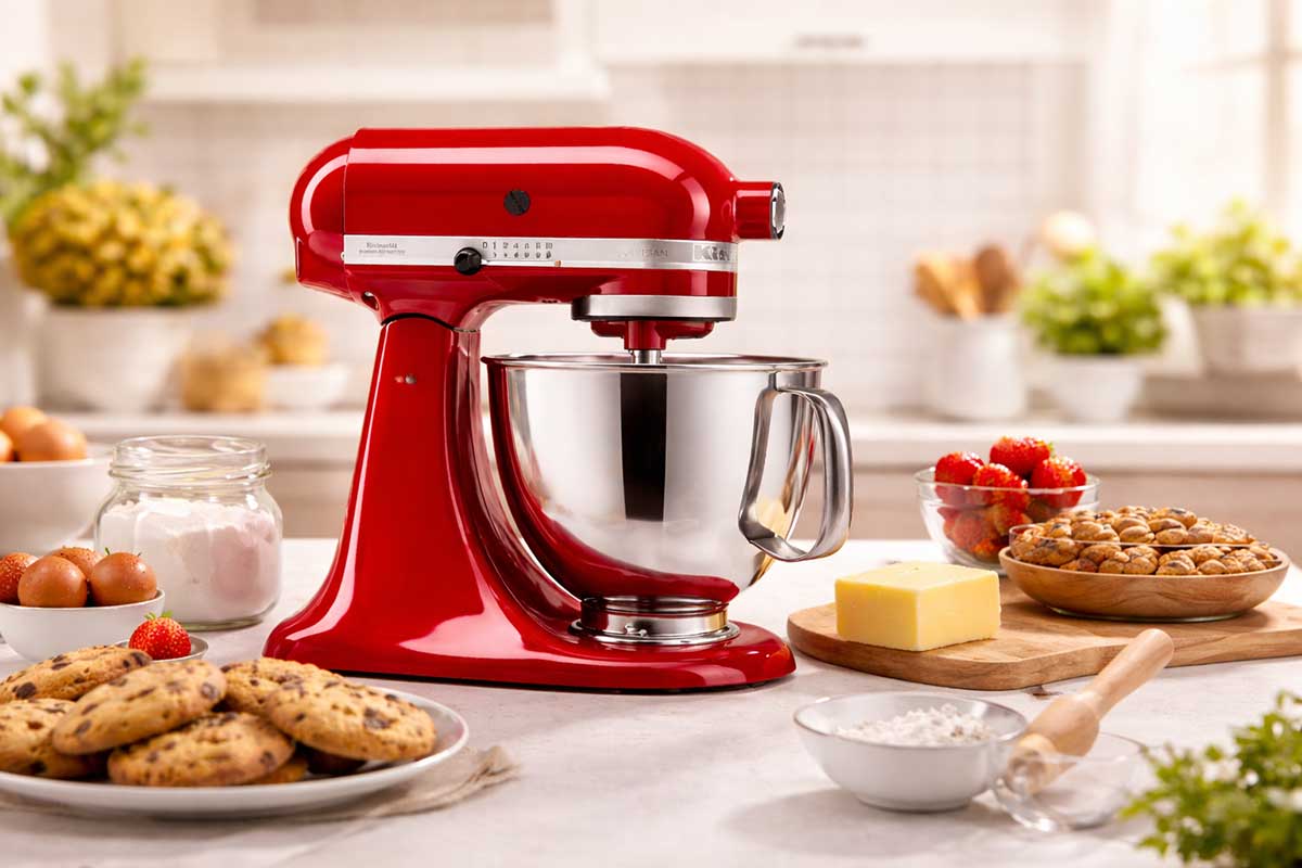 Batedeira planetaria KitchenAid Artisan vermelha sobre bancada de cozinha moderna com biscoitos e ingredientes de confeitaria ao fundo desfocado
