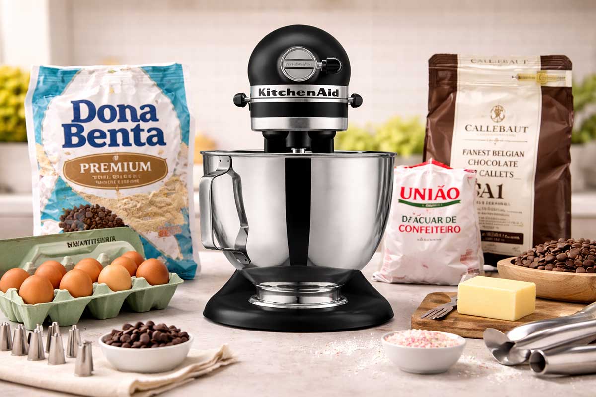 Batedeira planetaria KitchenAid Artisan preta cercada por farinha Dona Benta, chocolate Callebaut, acucar Uniao e ovos orgânicos em bancada de confeitaria