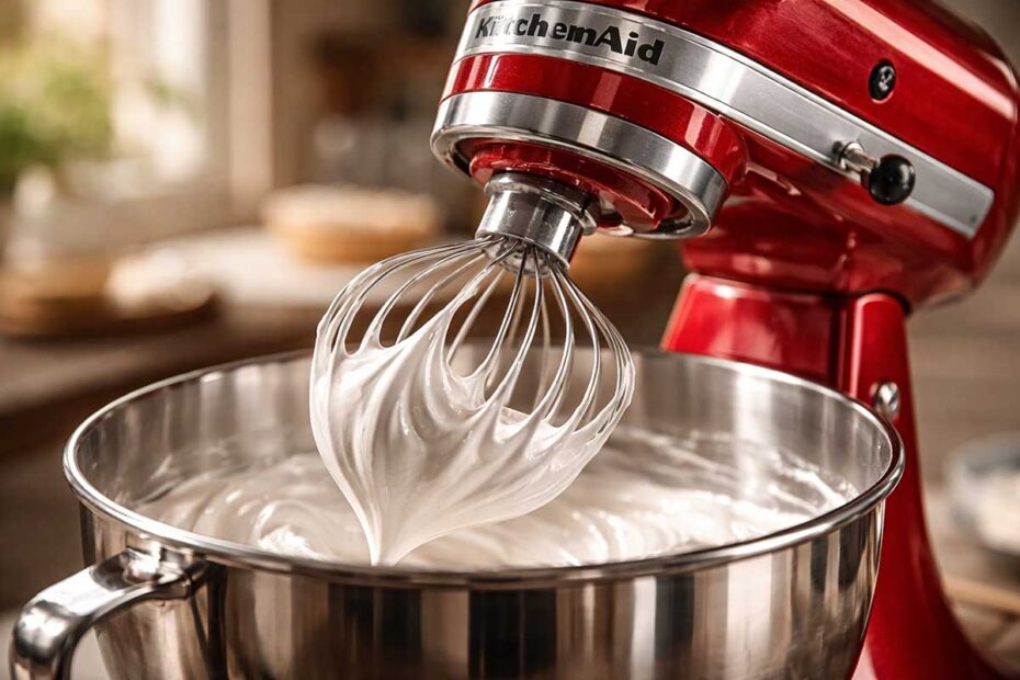 Batedeira KitchenAid Artisan Vermelha batendo merengue em ponto de fita.