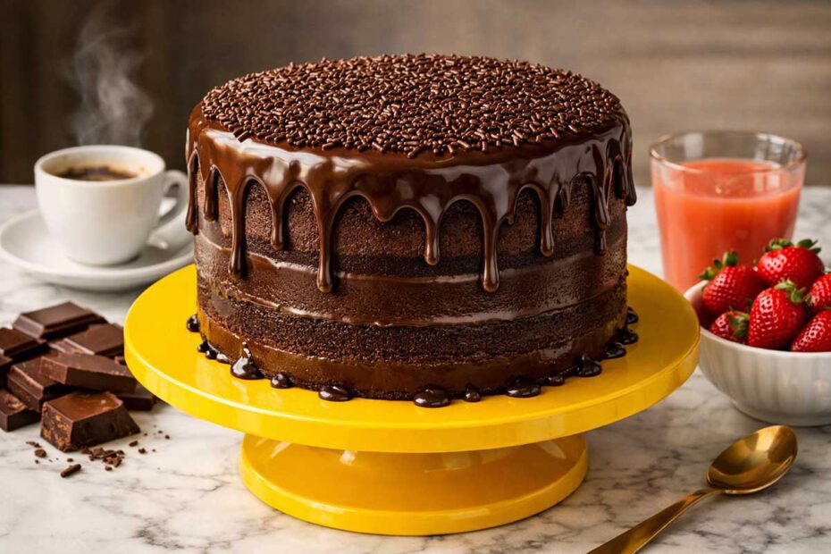 Bolo de chocolate inteiro redondo estilo Tall Cake com 20 cm de diametro e 10 cm de altura centralizado em uma bailarina de confeitaria amarela vibrante criando continuidade vertical. O bolo apresenta uma cobertura de brigadeiro mole com brilho espelhado e granulados Nestlé Dois Frades. A mesa moderna de marmore branco contem uma xicara de cafe expresso fumegante, pedaços de barra de chocolate amargo, uma tigela com morangos vermelhos brilhantes e um copo de suco de goiaba natural. O contraste entre o marrom profundo do chocolate e o amarelo da bailarina destaca a massa acetinada. Rendimento de 15 a 20 fatias generosas.