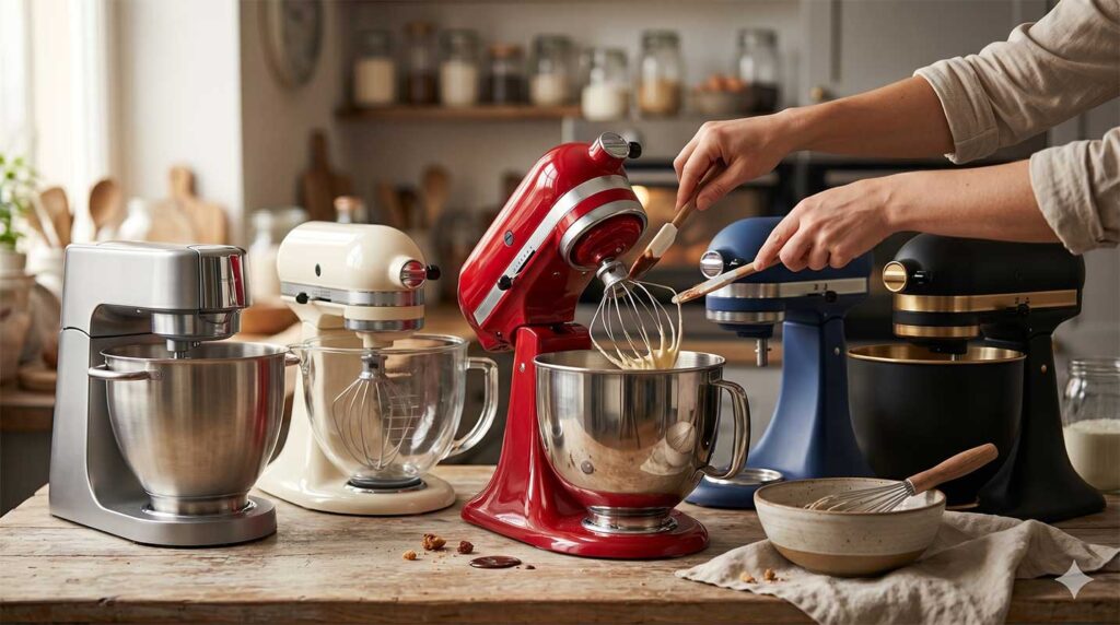Mãos de confeiteira utilizando uma colher de pau para misturar uma massa de bolo brilhante e acetinada em uma tigela de cerâmica, com batedeiras planetárias profissionais ao fundo em uma cozinha rústica e iluminada.