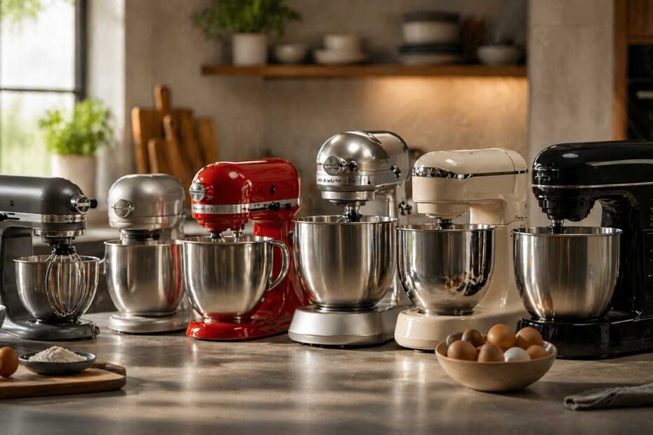 Uma fileira profissional de batedeiras planetárias de diferentes marcas e cores, incluindo modelos em inox, vermelho, creme e preto, dispostas sobre uma bancada de madeira em uma cozinha moderna e iluminada com ingredientes de confeitaria ao redor.