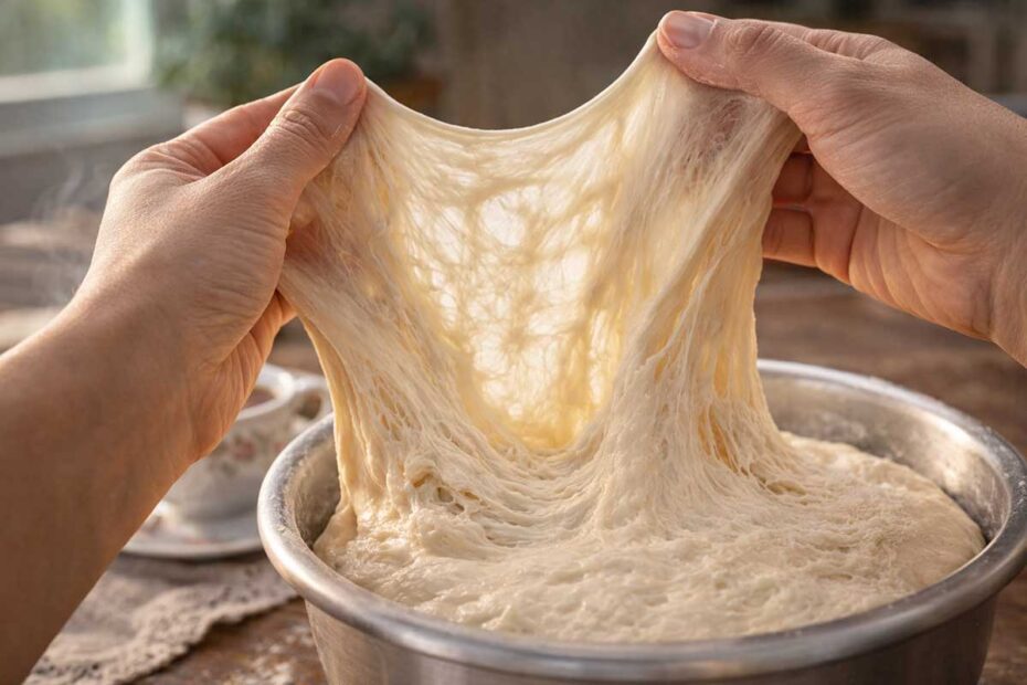 Mãos esticando uma massa de pão clara até formar o ponto de véu, demonstrando como a rede de glúten controlada cria uma estrutura elástica e resistente.