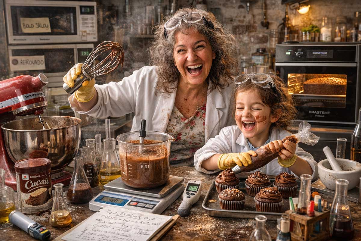 Tia Maria da Paz, uma confeiteira sênior vestindo jaleco de laboratório, ri empolgada segurando um batedor KitchenAid com massa de chocolate. Ao lado dela, sua filha de 8 anos, também de mini jaleco e óculos de proteção, ri alto enquanto decora cupcakes com chocolate, com o rosto sujo. Elas estão em uma cozinha-laboratório profissional com parafernalhas técnicas: beakers de vidro com ingredientes coloridos, Phmetro digital espetado na massa, balança de precisão com anotações e tubos de ensaio. Ao fundo, um moderno Forno de Convecção Brastemp Vitreous assa um bolo dourado visível pelo vidro. Uma KitchenAid Artisan Vermelha bate massa acetinada. A luz natural forte ilumina a cena caótica e apetitosa. Estilo de fotografia de reportagem gastronômica.