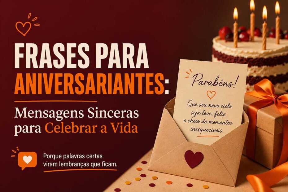 Imagem destaque em formato 16:9 com fundo em degradê vinho escuro e laranja. À esquerda, o título “Frases para Aniversariantes: Mensagens Sinceras para Celebrar a Vida” aparece em tipografia grande e elegante. À direita, há um bolo de aniversário com velas acesas, uma caixa de presente com fita laranja e um envelope aberto com um cartão escrito “Parabéns!”. O design transmite acolhimento, carinho e celebração, usando as cores #F68200 e #5F161A.