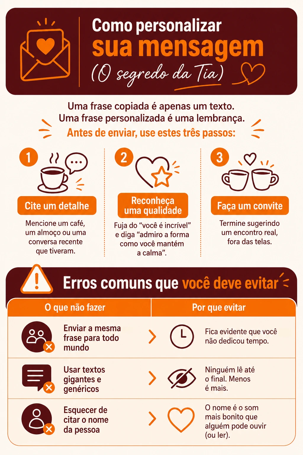 Infográfico em tons de laranja (#F68200) e vinho escuro (#5F161A) com o título “Como personalizar sua mensagem (O segredo da Tia)”. O conteúdo ensina três passos para criar mensagens de aniversário mais sinceras: citar um detalhe compartilhado, reconhecer uma qualidade específica da pessoa e terminar com um convite para um encontro real. Na parte inferior, há uma tabela destacando erros comuns, como copiar frases para todo mundo, escrever textos genéricos e esquecer de citar o nome da pessoa, explicando por que essas práticas devem ser evitadas. O design inclui ícones de coração, envelope, café e alerta, com estilo moderno e acolhedor.