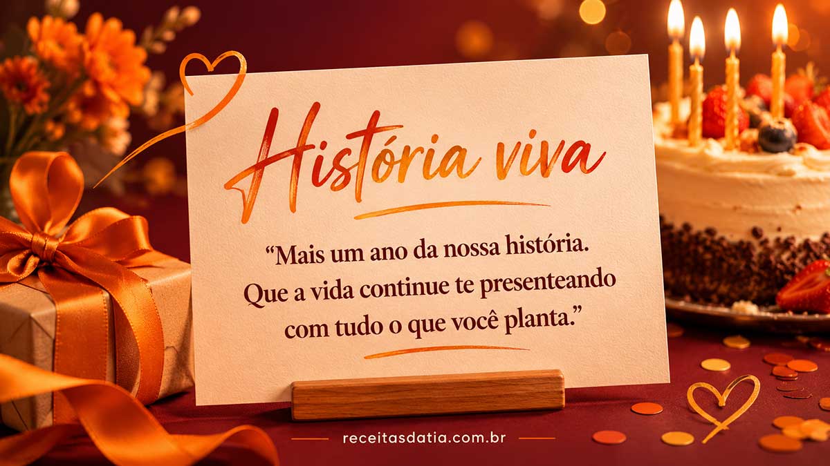 Cartão decorativo com o título “História viva” em caligrafia laranja sobre um fundo aconchegante em tons de vinho e dourado. Abaixo, a frase “Mais um ano da nossa história. Que a vida continue te presenteando com tudo o que você planta.” aparece centralizada em uma tipografia elegante. Ao redor do cartão há elementos de aniversário e afeto, como bolo com velas acesas, presente com fita laranja, flores e pequenos corações desenhados. Na parte inferior, ao centro, está escrito “receitasdatia.com.br”.