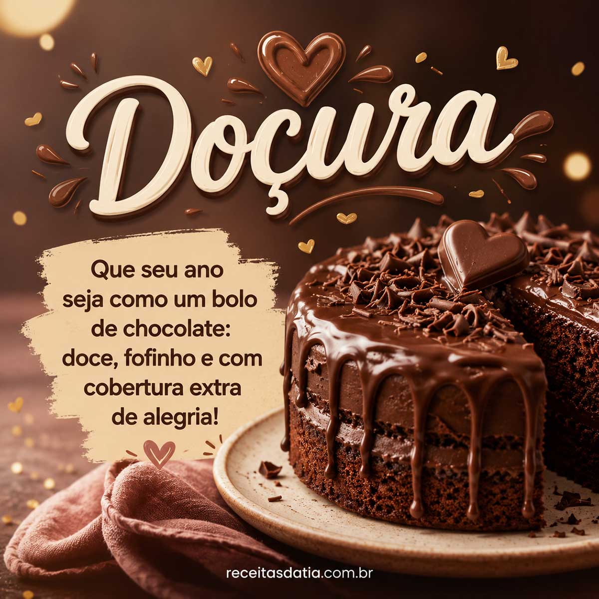 Cartão de aniversário com a palavra "Doçura" em destaque e a imagem de um bolo de chocolate fofinho com cobertura escorrendo. Ao lado, o texto: "Que seu ano seja como um bolo de chocolate: doce, fofinho e com cobertura extra de alegria!". No rodapé, a marca receitasdatia.com.br.
