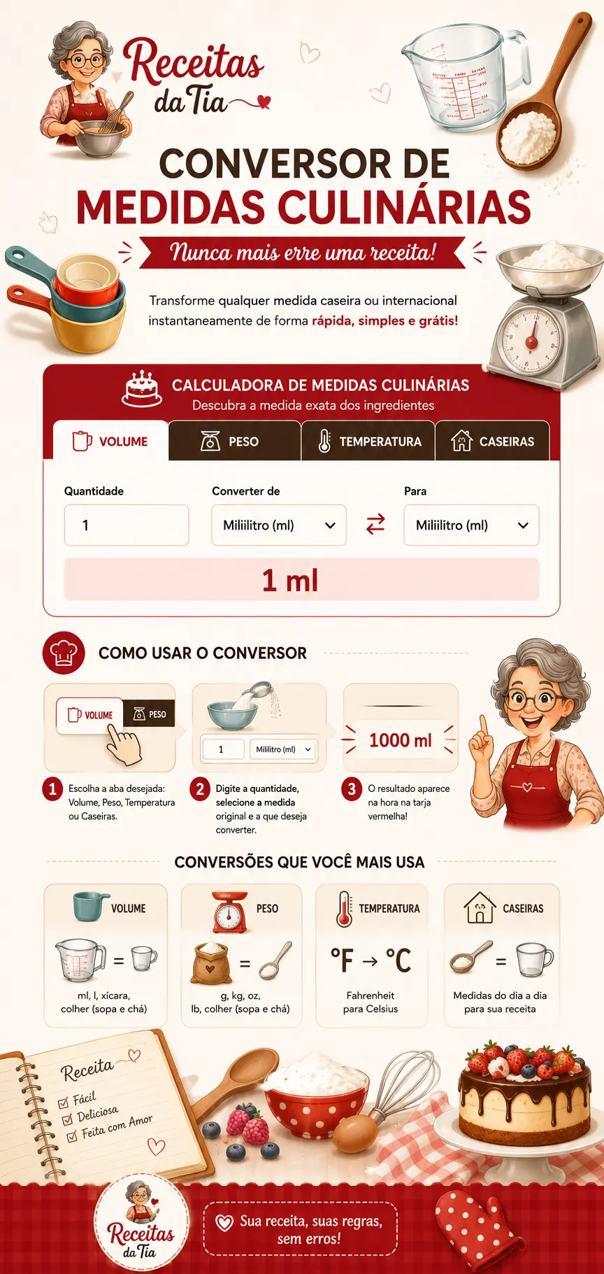 Infográfico vertical do “Receitas da Tia” sobre Conversor de Medidas Culinárias, com design em tons de vermelho e bege, ilustrações de utensílios de cozinha, ingredientes e bolos. O destaque principal é uma calculadora de conversão de medidas culinárias com abas para volume, peso, temperatura e medidas caseiras. O layout mostra exemplos visuais de conversões, passo a passo ilustrado de como usar a ferramenta e elementos decorativos como xícaras medidoras, balança, fouet, frutas e bolo confeitado.